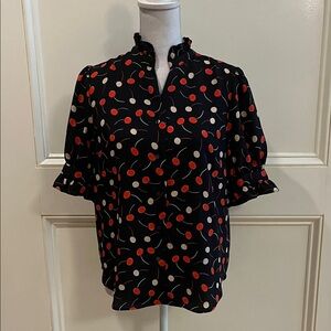 Ann Taylor Black Blouse with Red and White Pattern